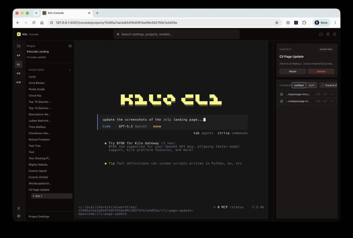 Kilo Console browser interface showing git worktrees and project sessions connected to Kilo CLI