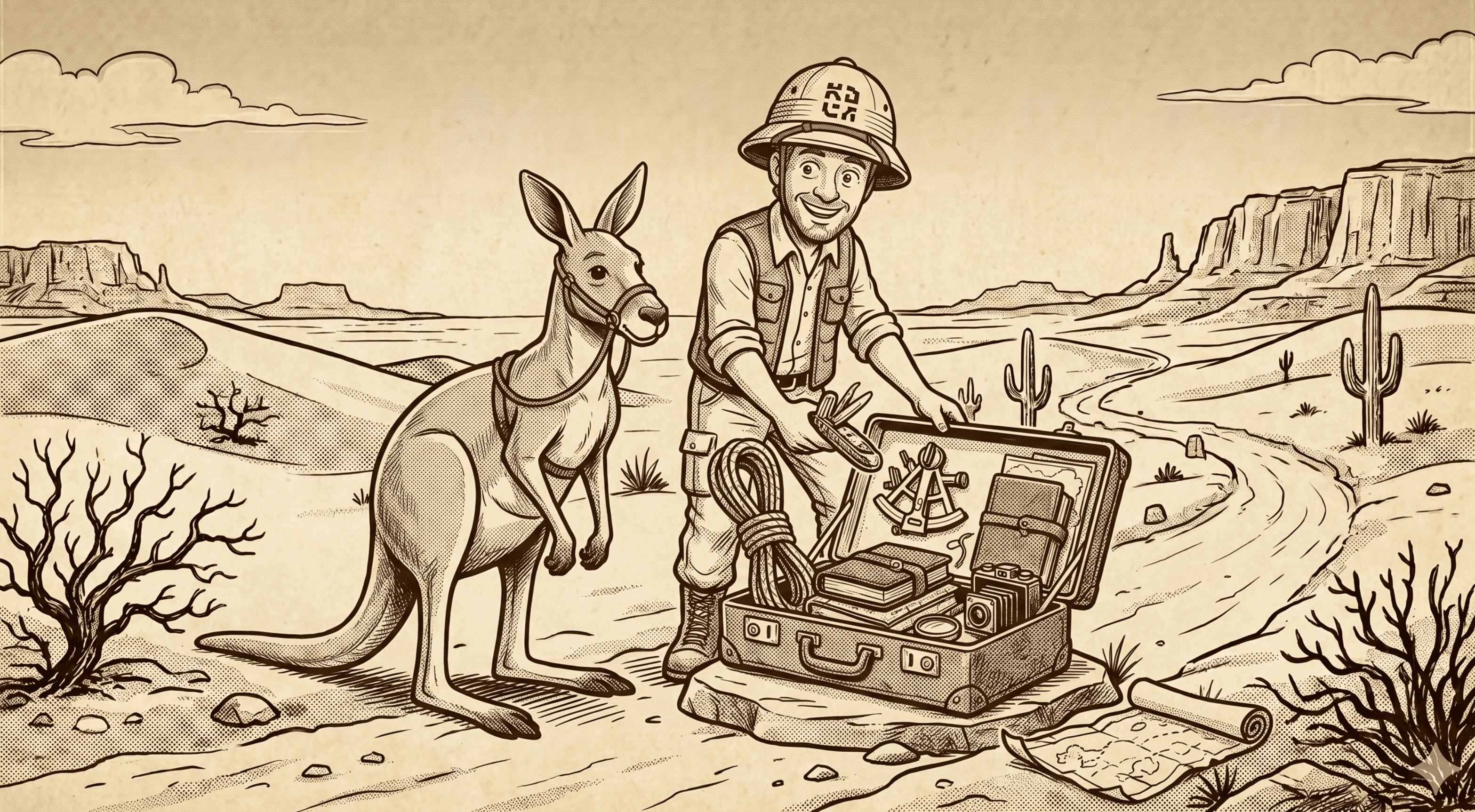 A kangaroo loads saddlebags at a campsite, backing up config files before hitting the trail