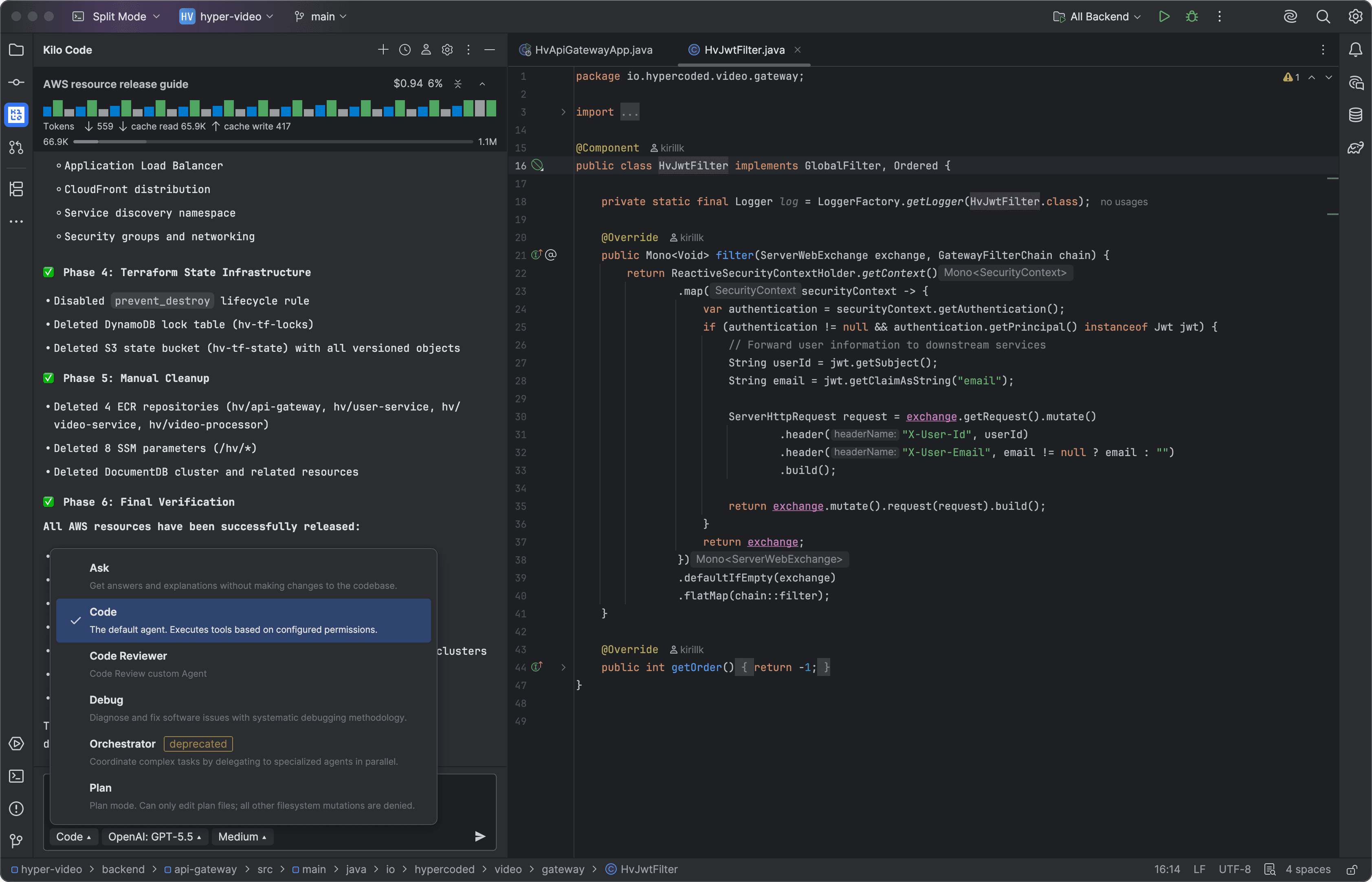 Kilo Code agent mode picker open beside a Java project in a JetBrains IDE