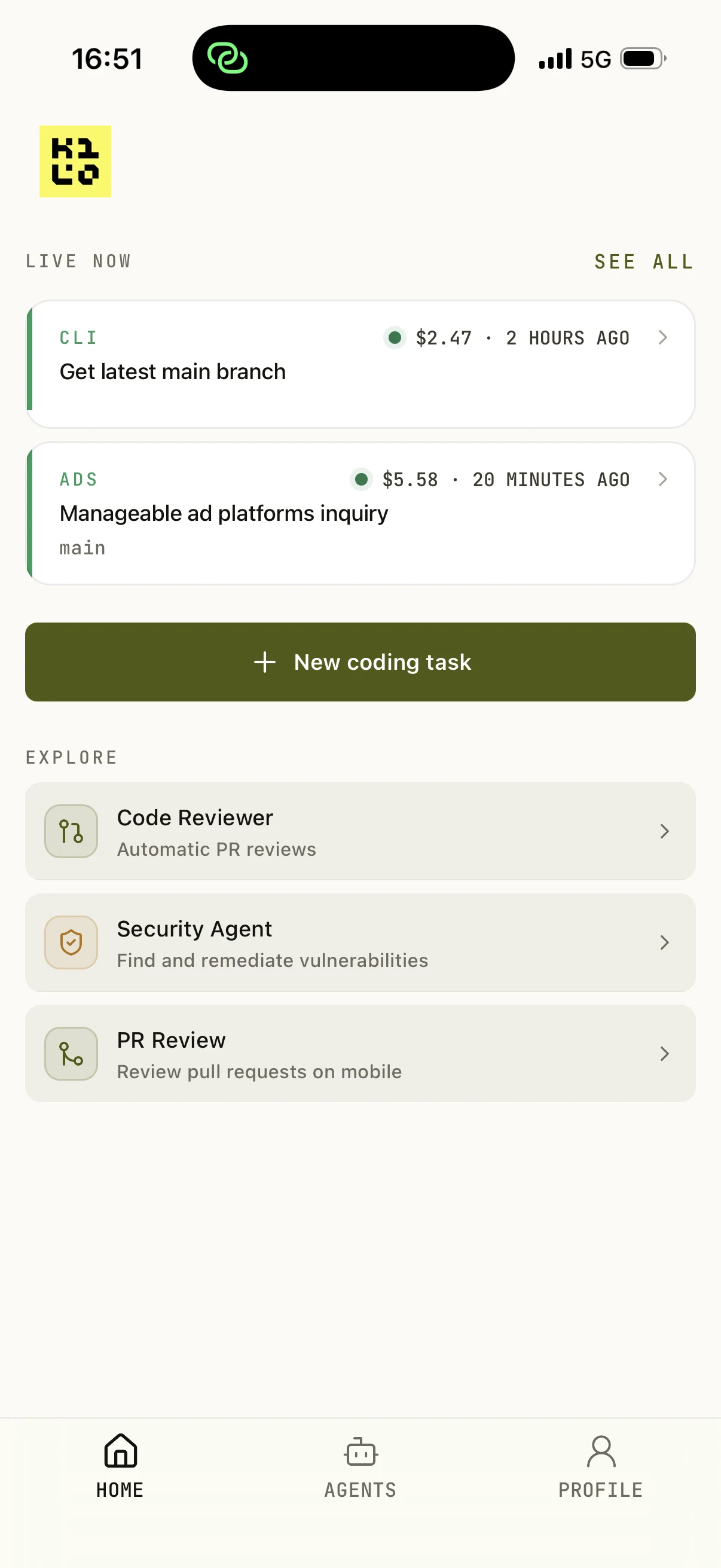 Kilo Mobile home screen with active CLI and cloud coding sessions