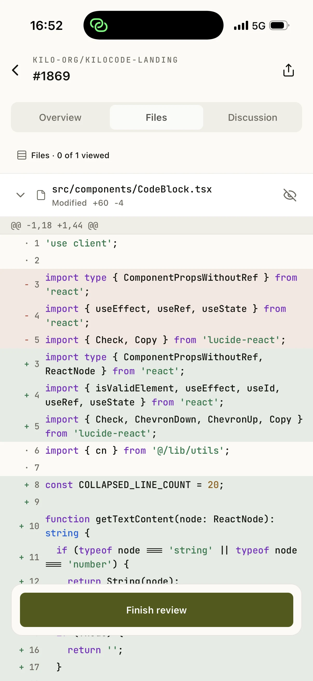 Kilo Mobile reviewing a syntax-highlighted pull request diff