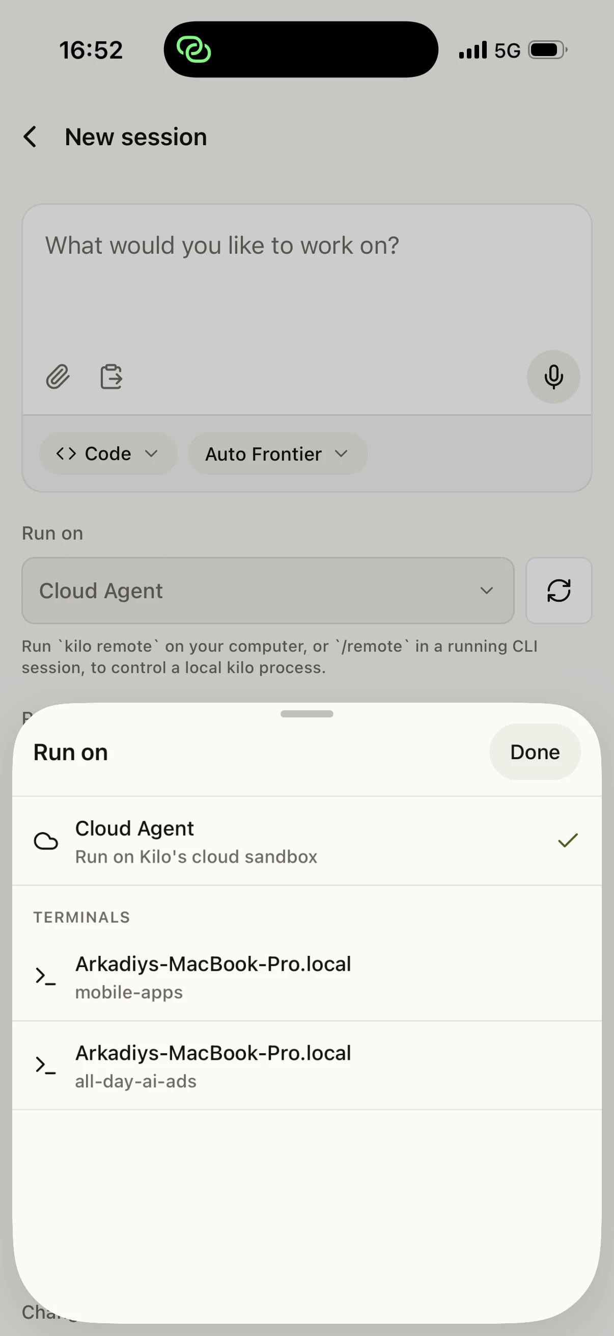 Choosing a Cloud Agent or connected terminal to run a Kilo coding session