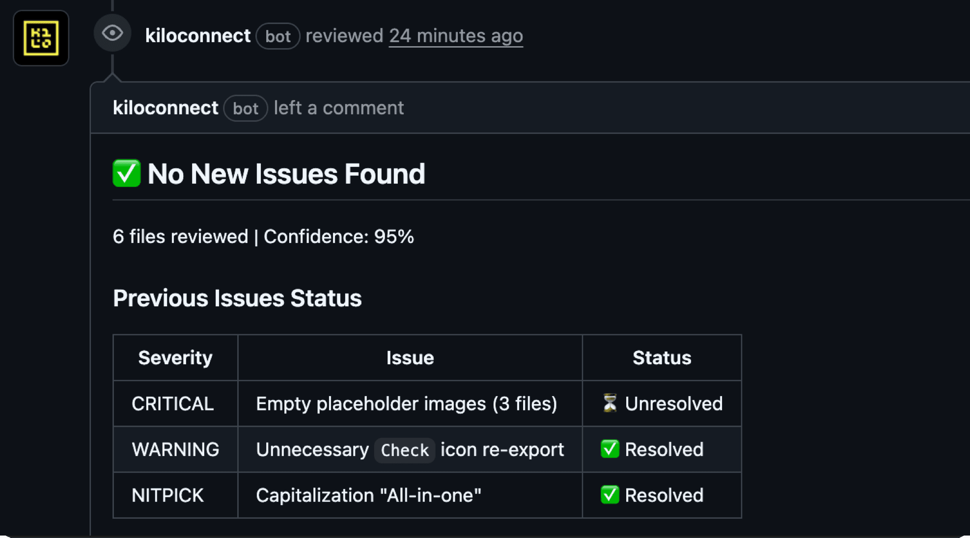 Kilo Code Review interface showing AI suggestions