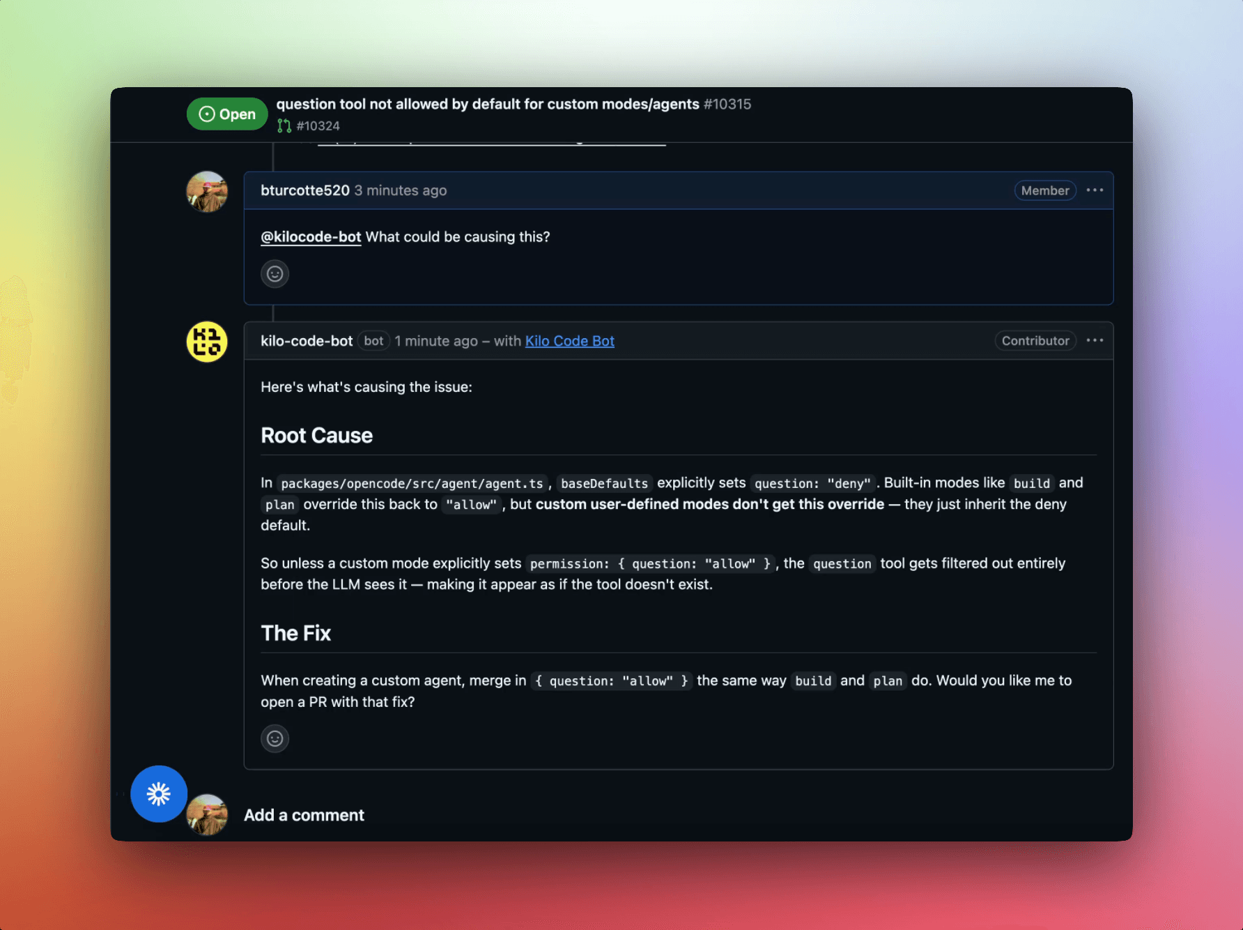 Kilo bot diagnosing a bug report in a GitHub issue