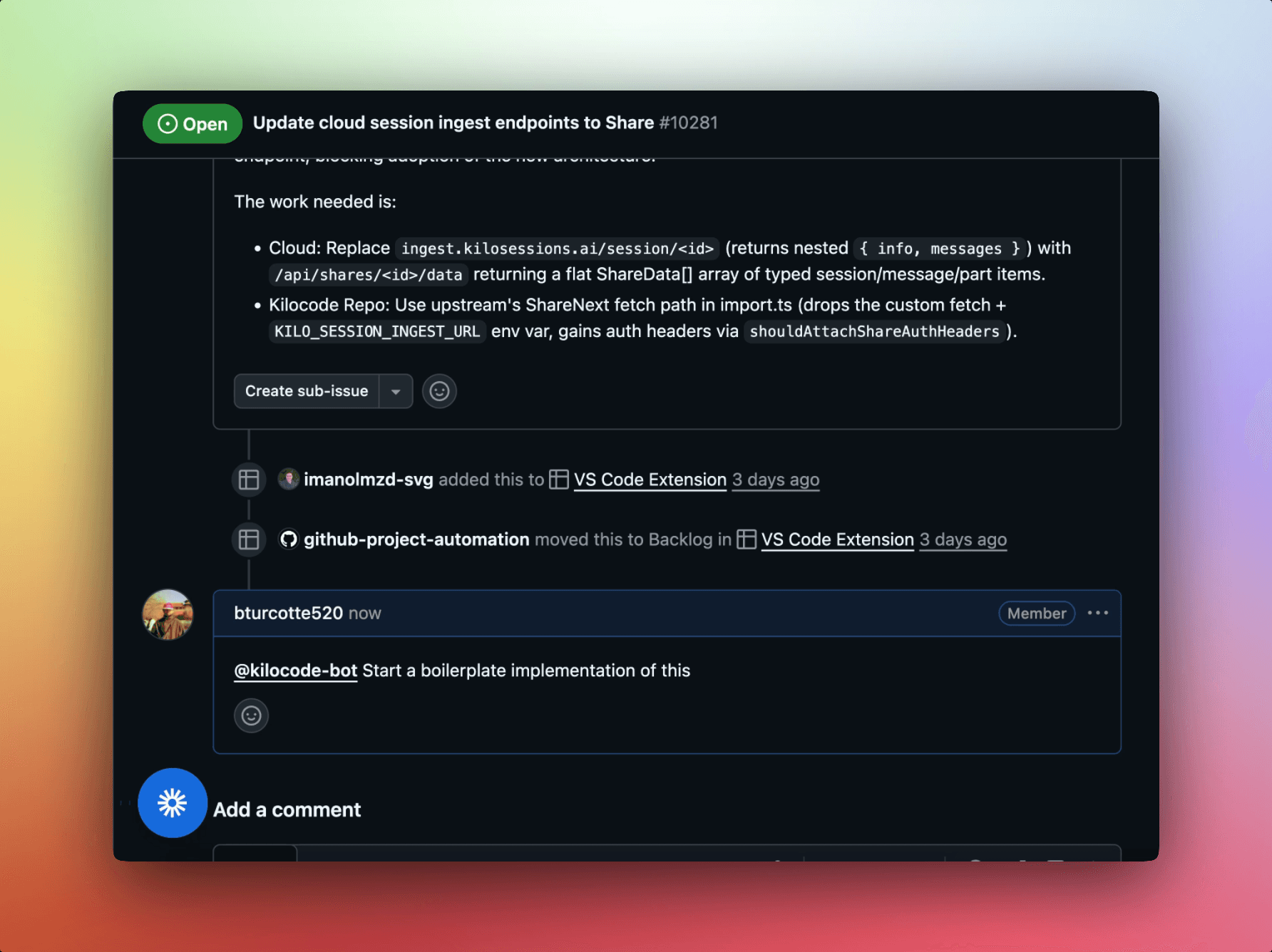 Kilo bot fixing a GitHub issue and opening a pull request