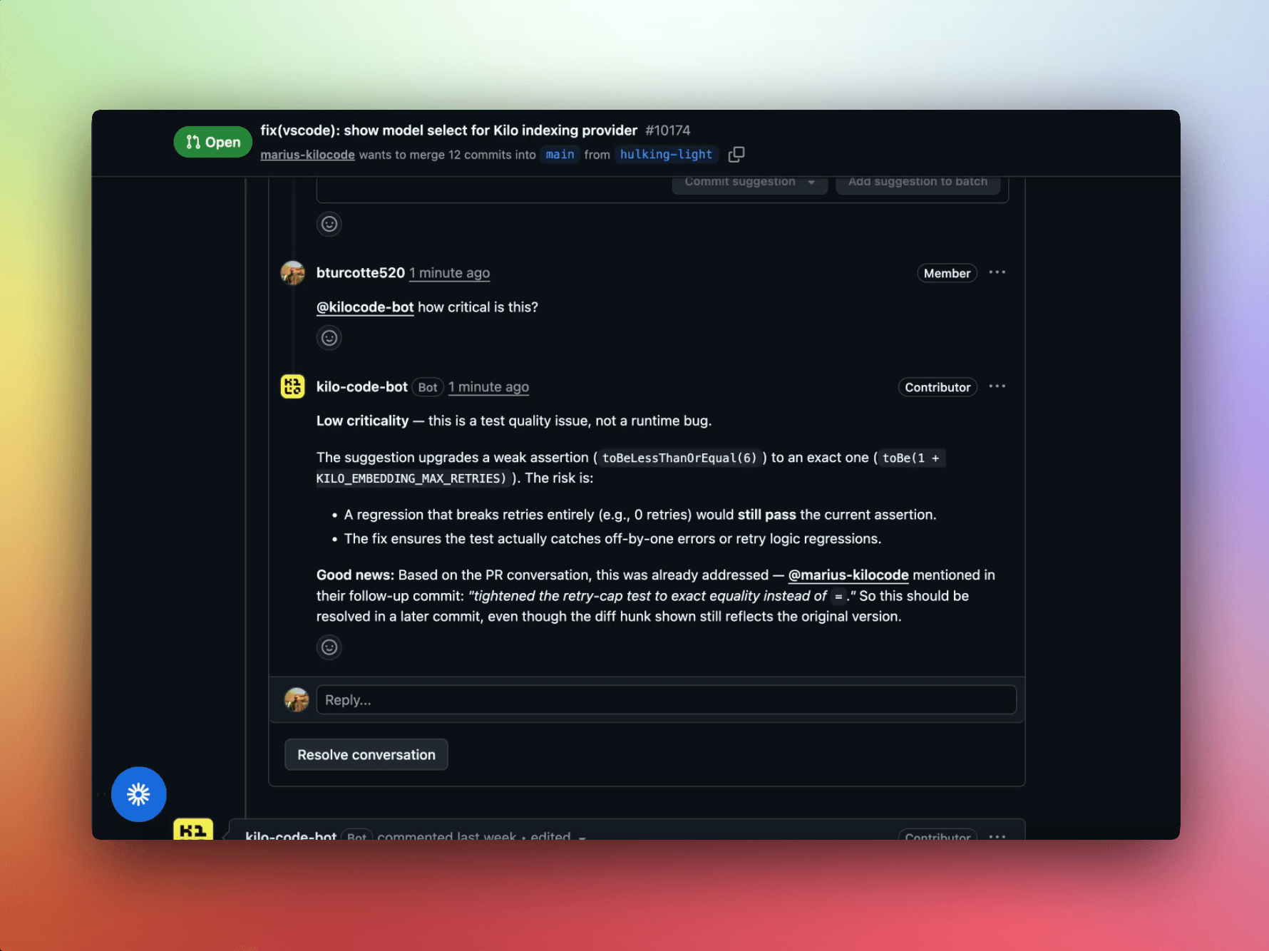 Kilo bot answering a question on a pull request review comment