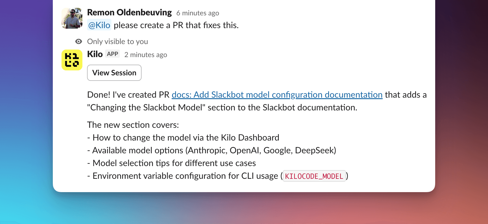 Kilo creating a PR from a Slack discussion