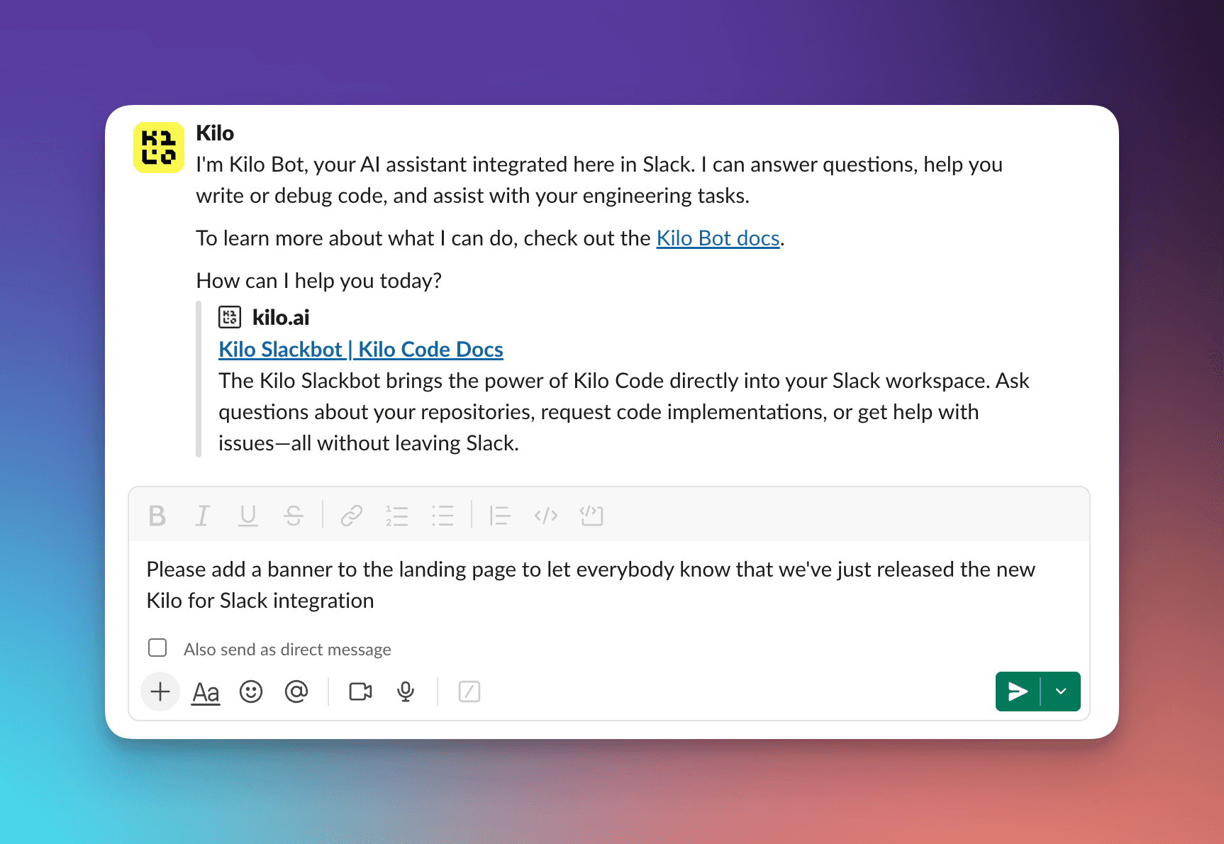 Screenshot of a Slack conversation with Kilo