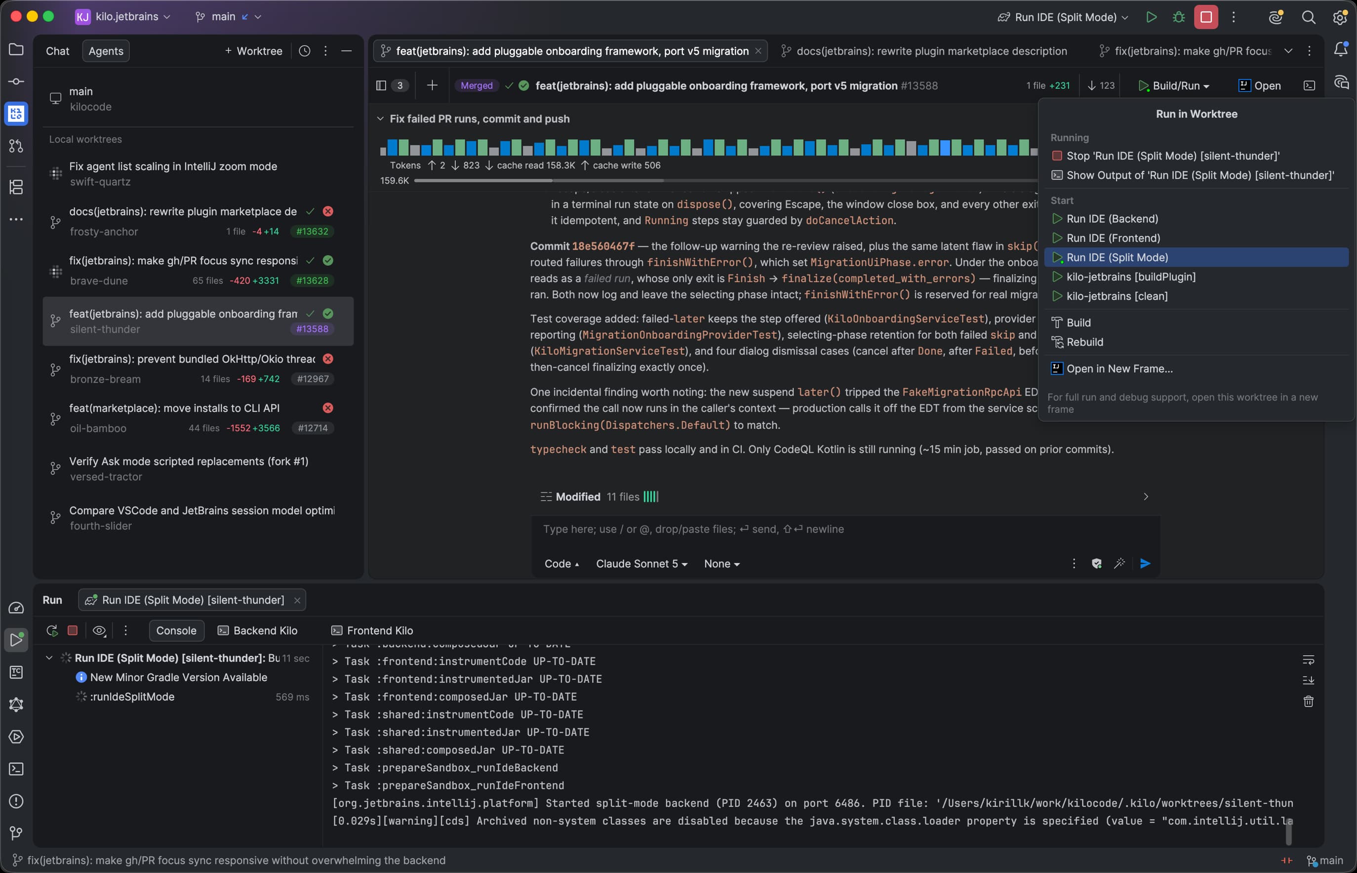 Kilo Code run configurations showing live run status for multiple git worktrees in JetBrains