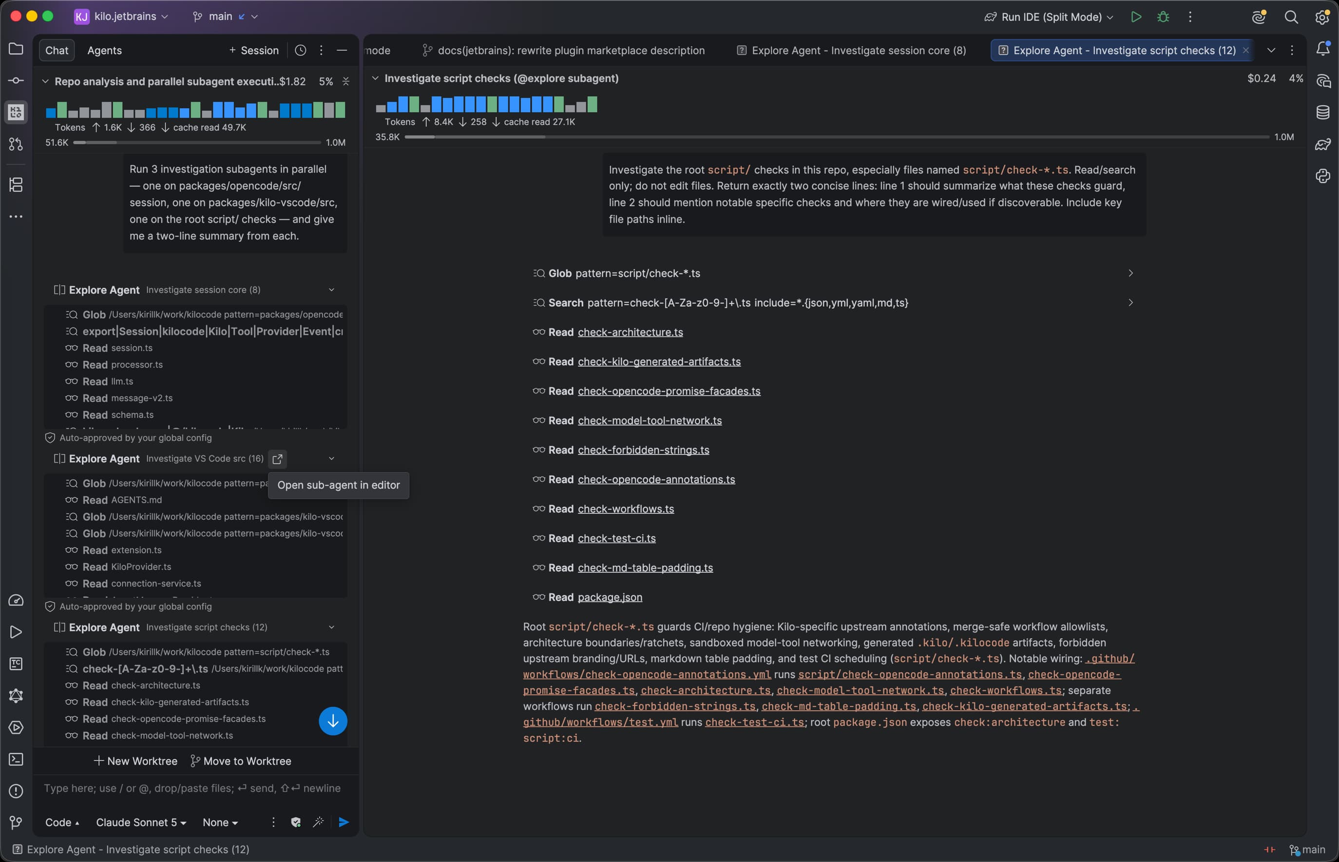 Multiple Kilo Code subagents open in separate JetBrains editor tabs