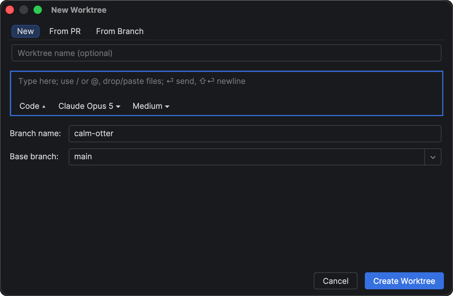 Kilo Code dialog for creating a new worktree or importing one from a pull request or branch in JetBrains