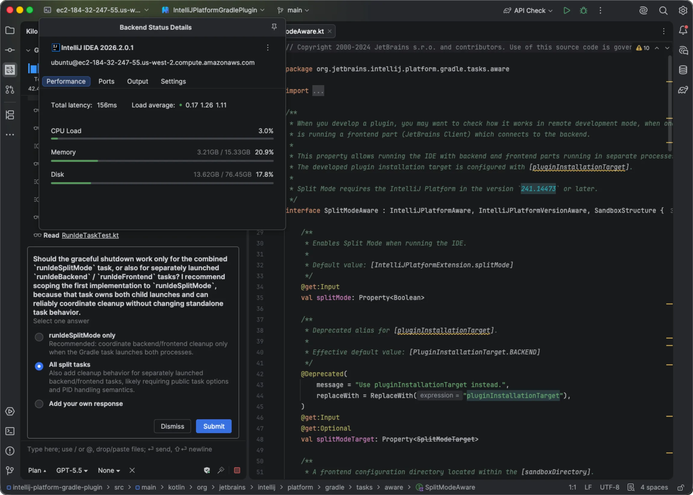 Kilo Code running in a local JetBrains interface connected to a remote IntelliJ IDEA backend