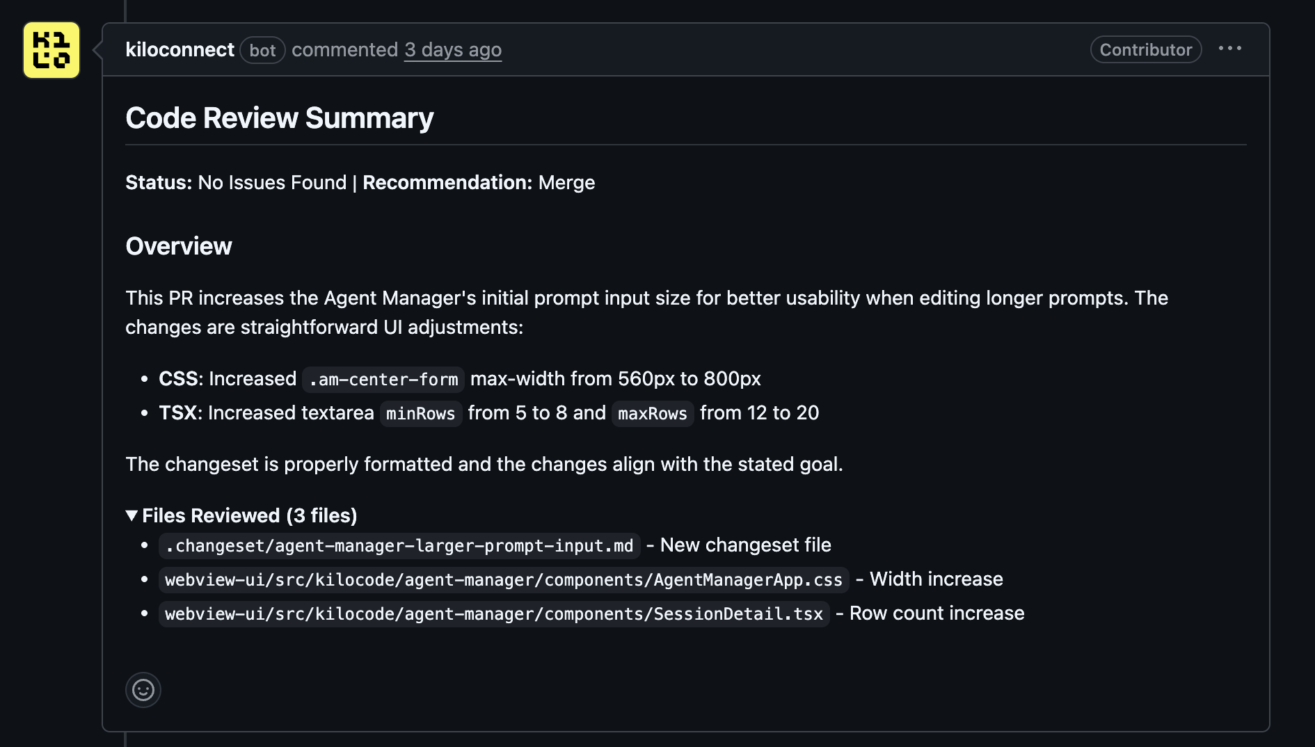 Real screenshot of Kilo Code Reviewer's first workflow step, detecting a new pull request