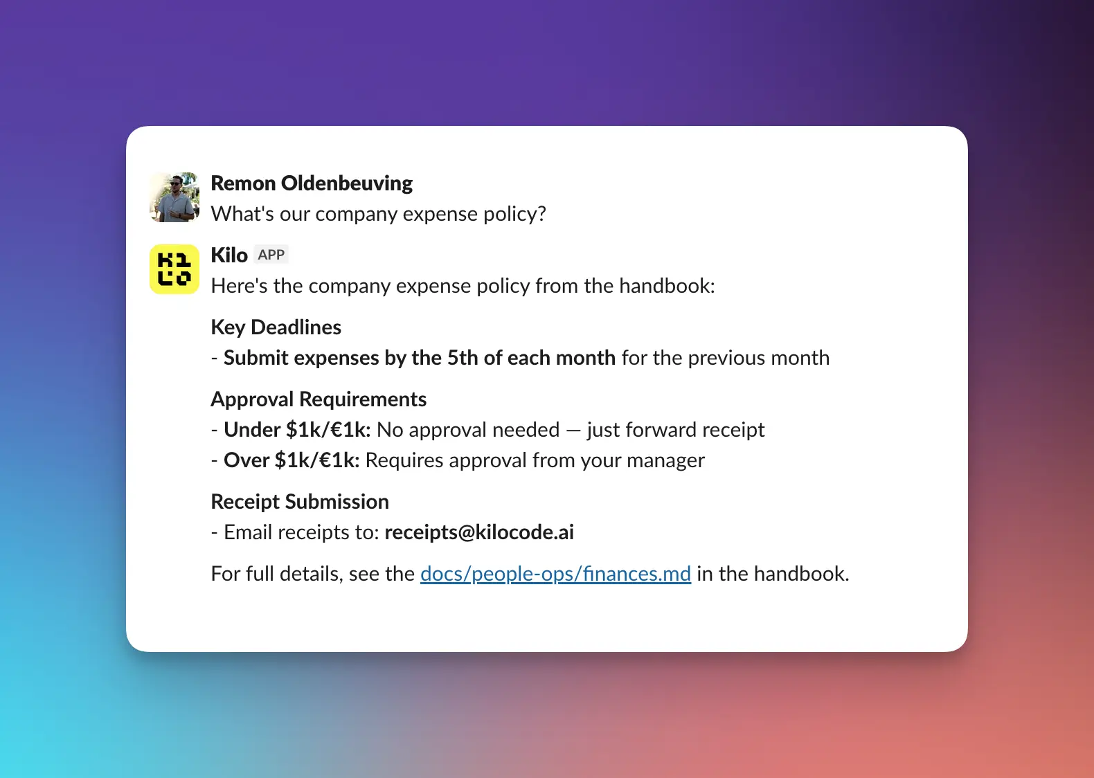 Asking Kilo a question about the codebase in Slack