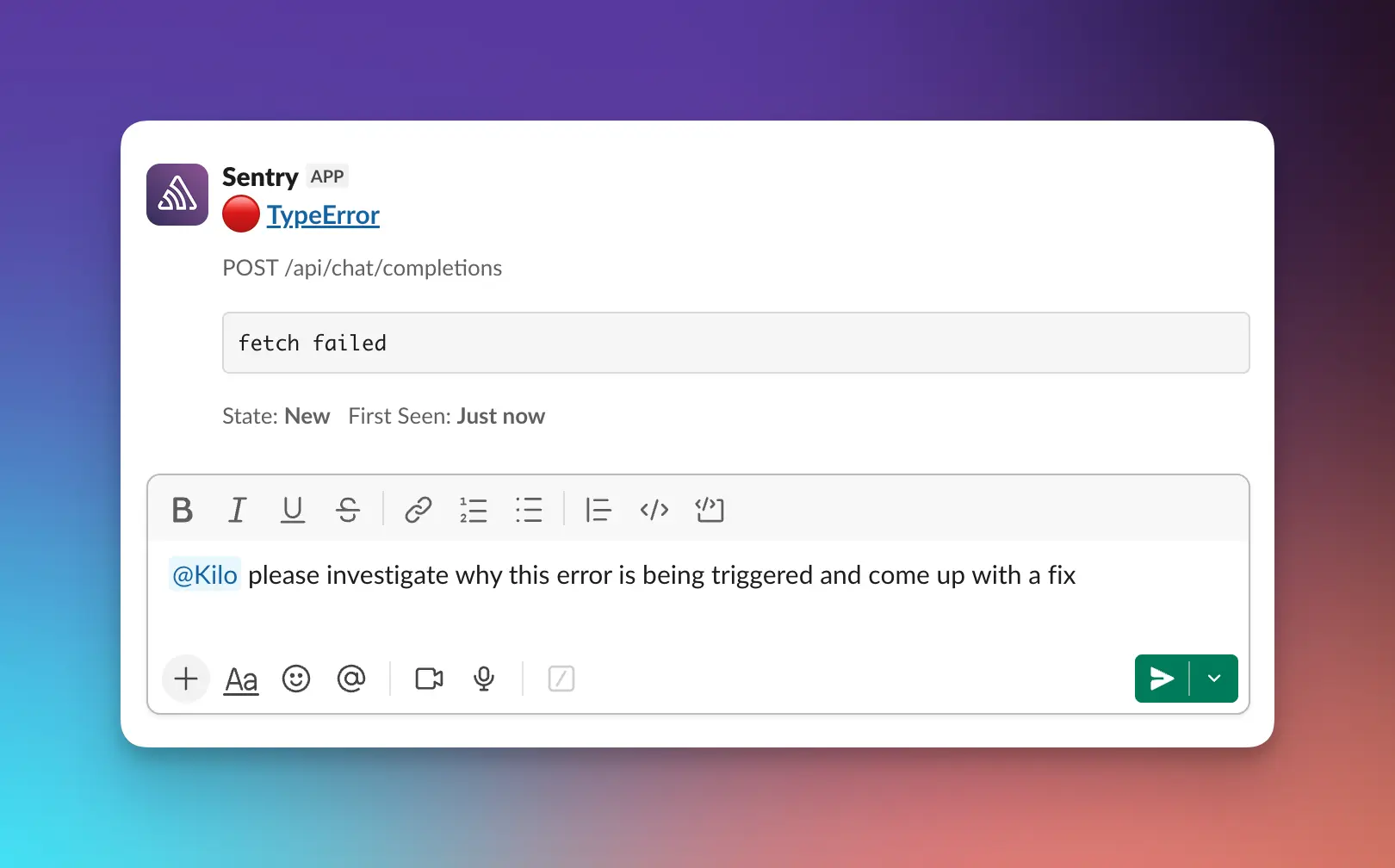 Kilo helping debug a production error in Slack