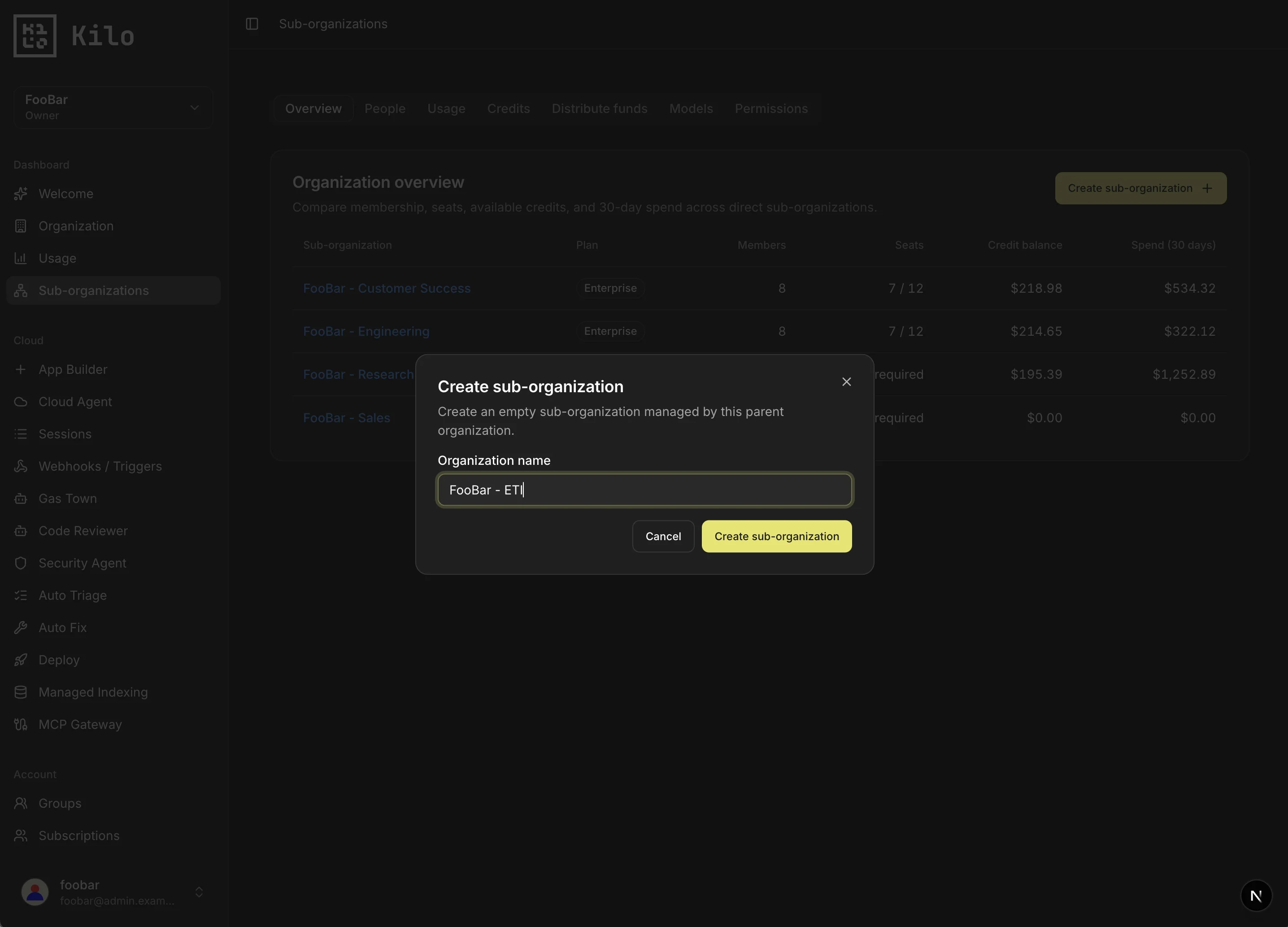 Create sub-organization dialog with an organization name field