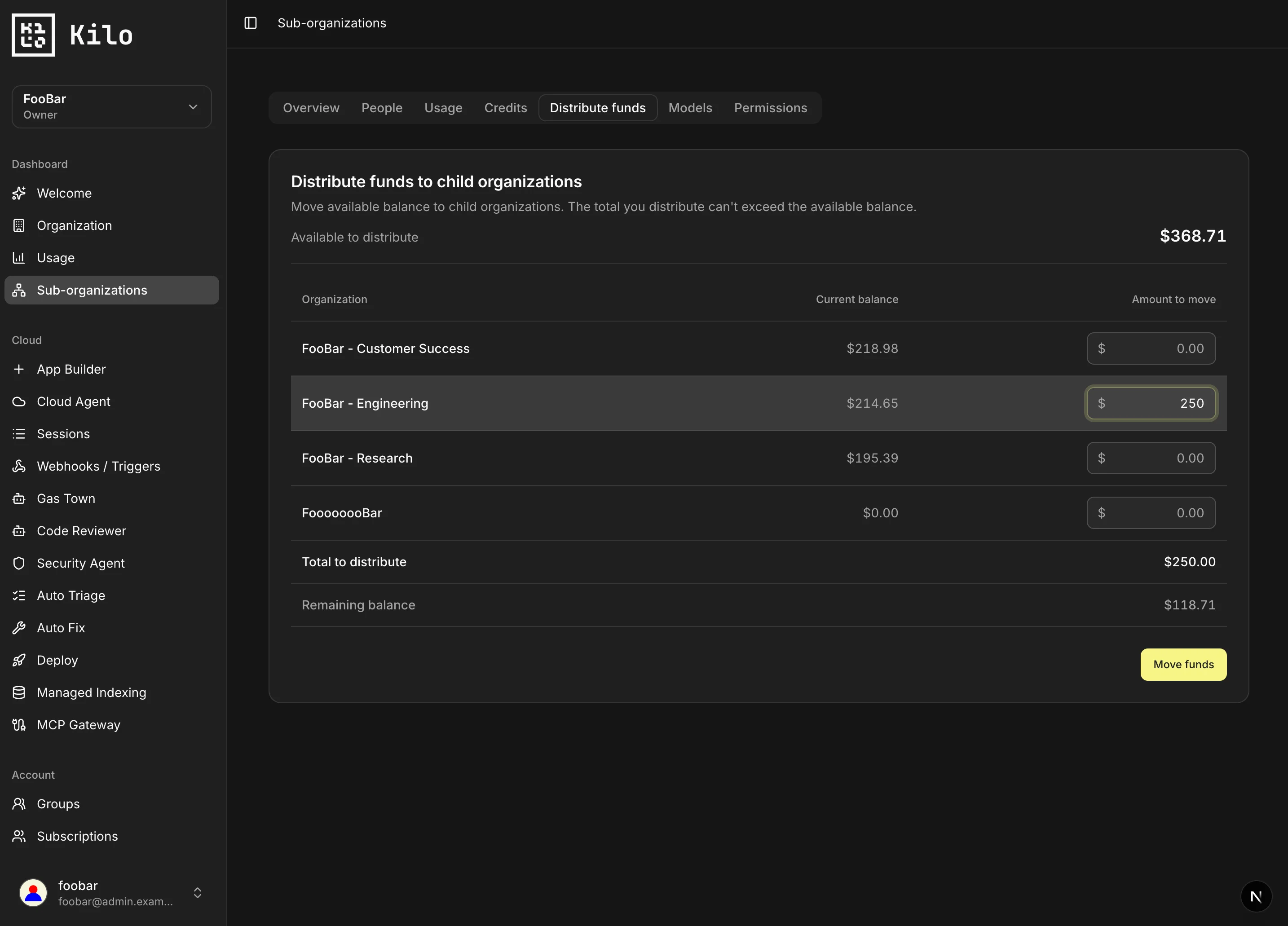 Sub-organization Credits section comparing balances, expirations, Kilo Pass allocation, spend, and runway