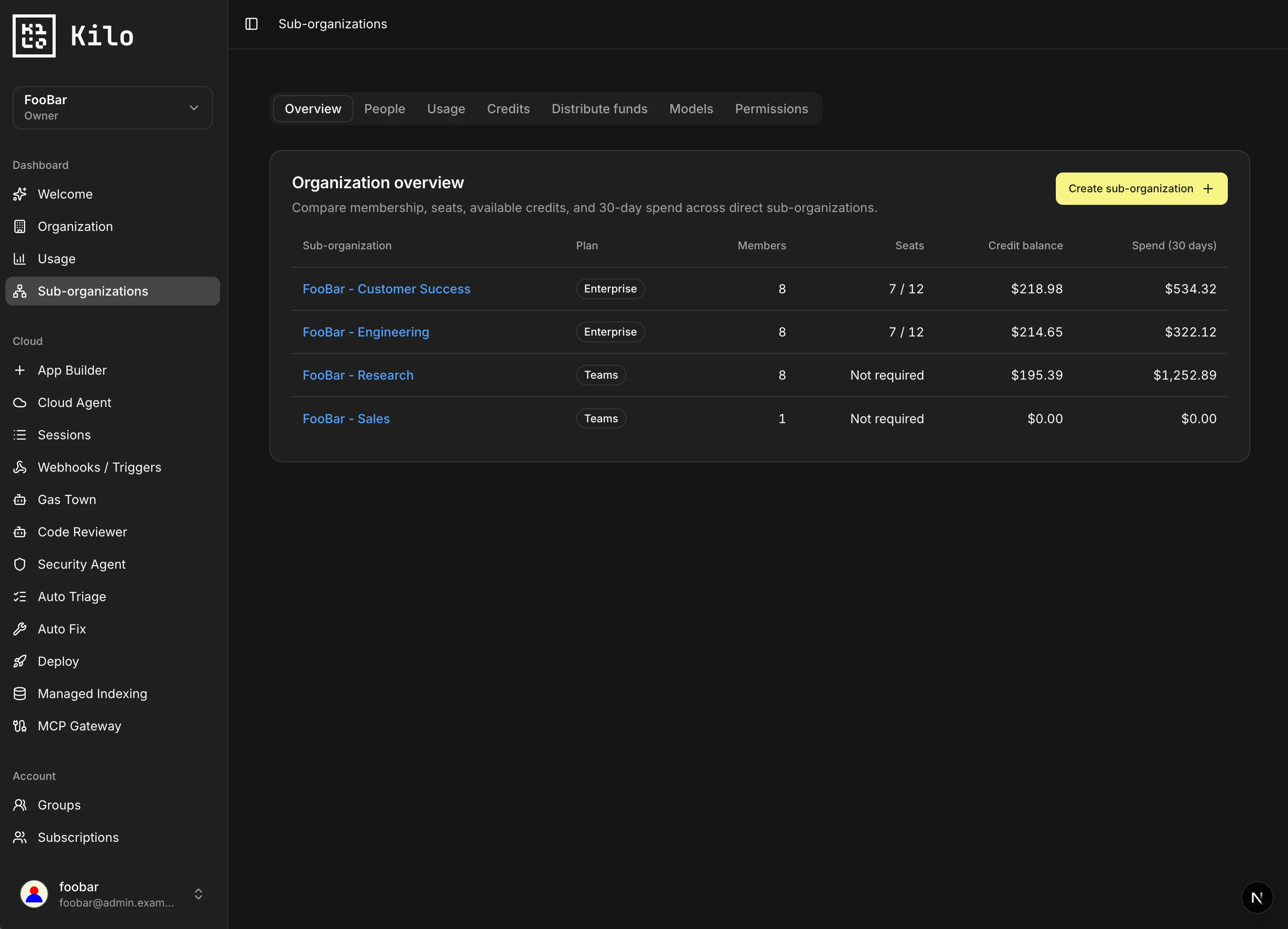 Sub-organization management overview showing organization membership, seats, balances, and spend