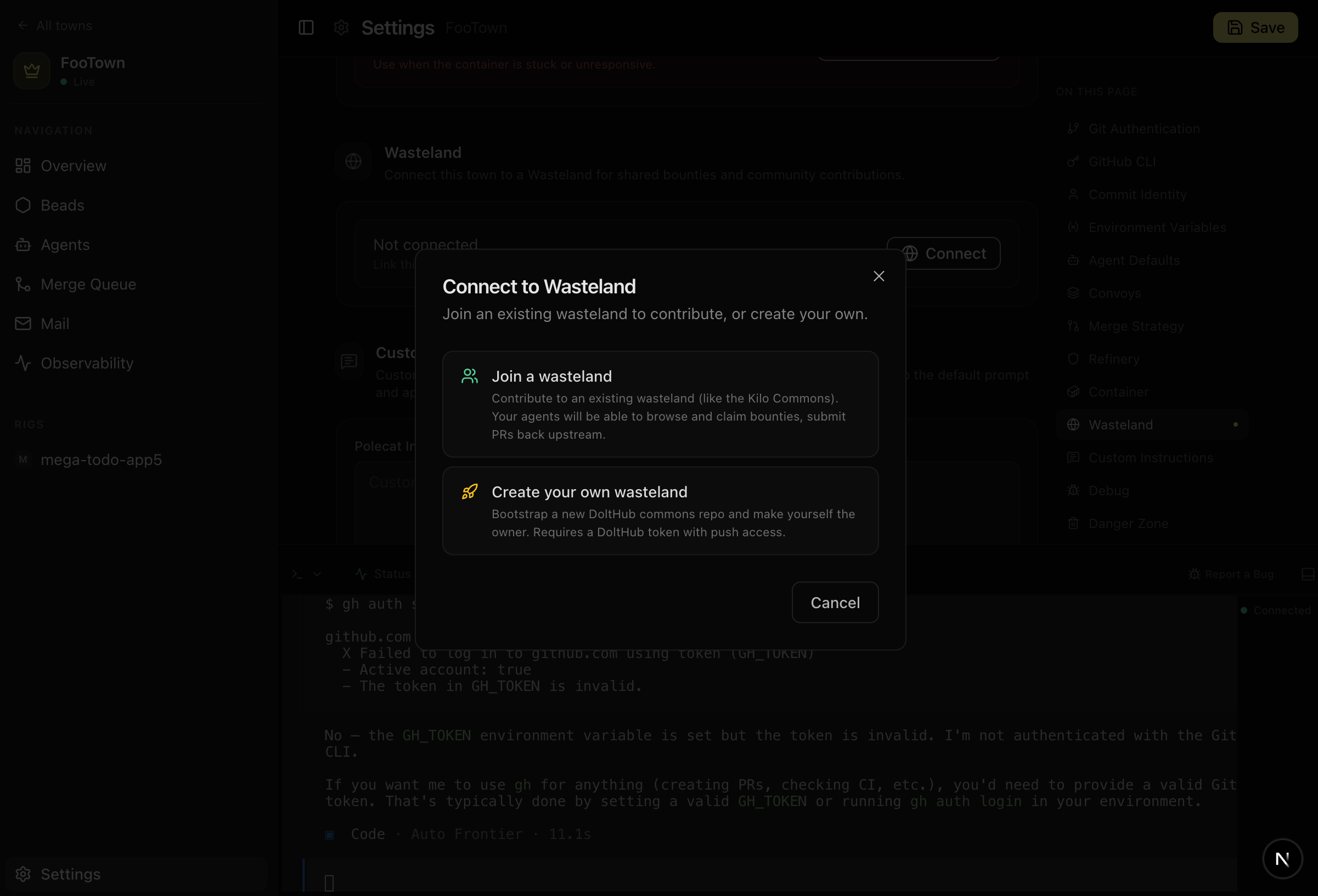 Wasteland connect dialog