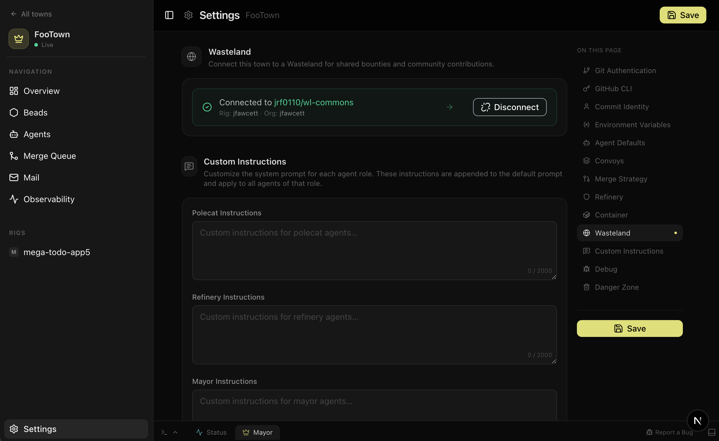 Wasteland connection settings