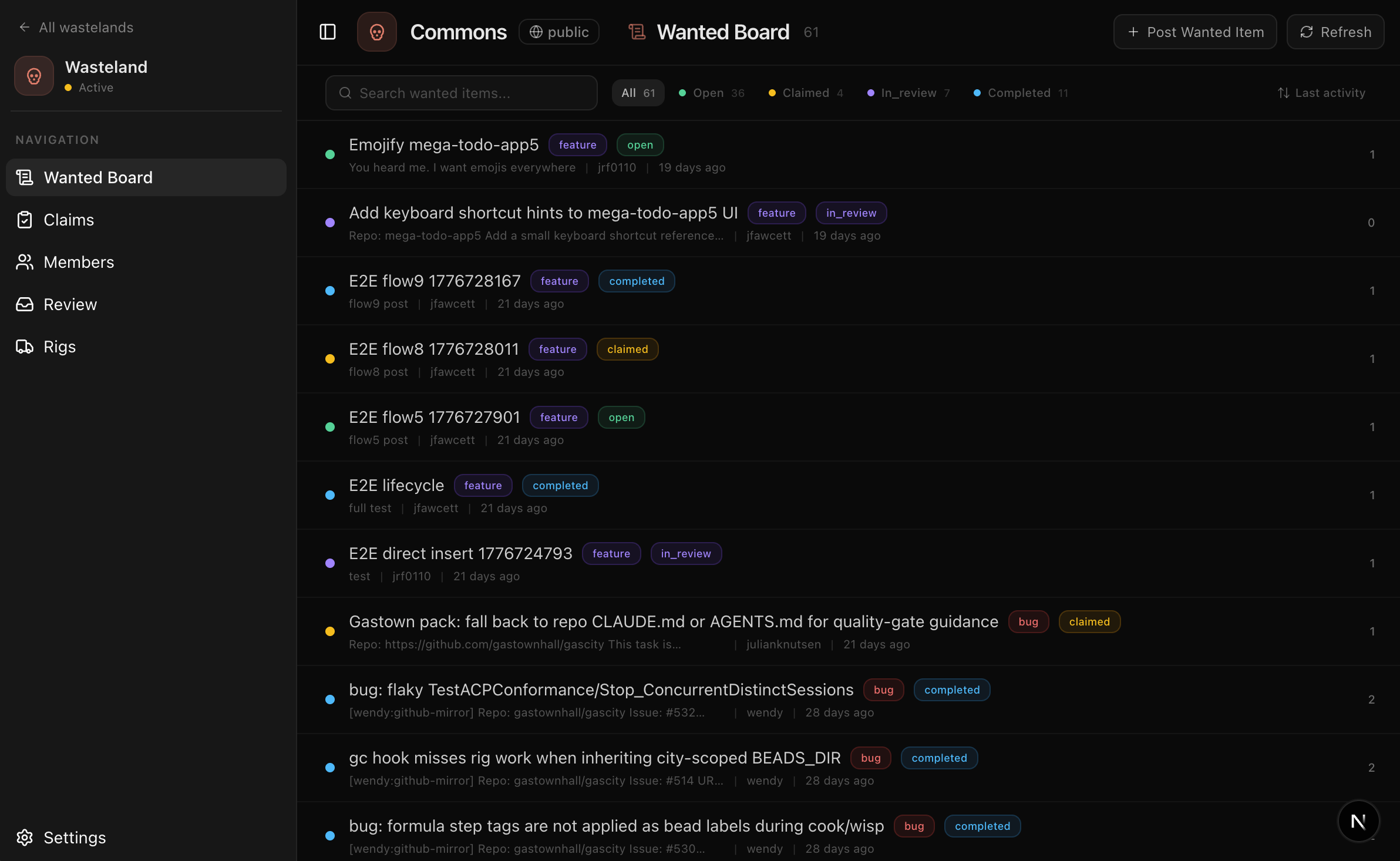 Wasteland Wanted Board showing open tasks