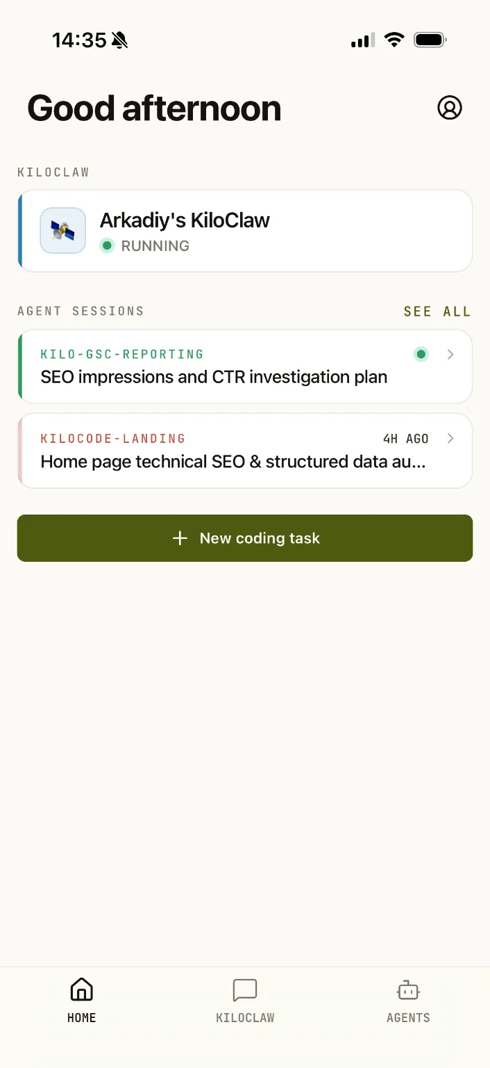 Kilo Code mobile home screen showing KiloClaw and active agent sessions