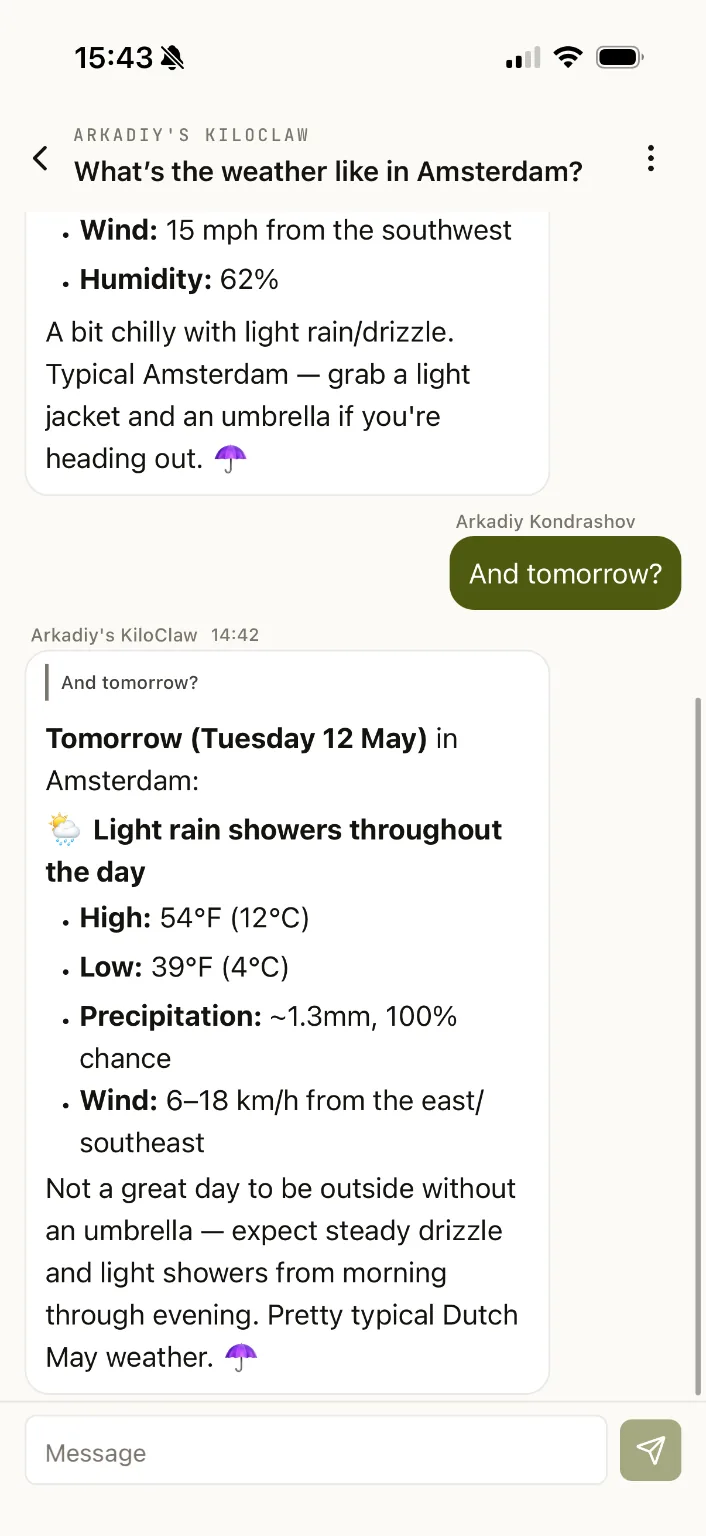 KiloClaw chat in the Kilo Code mobile app