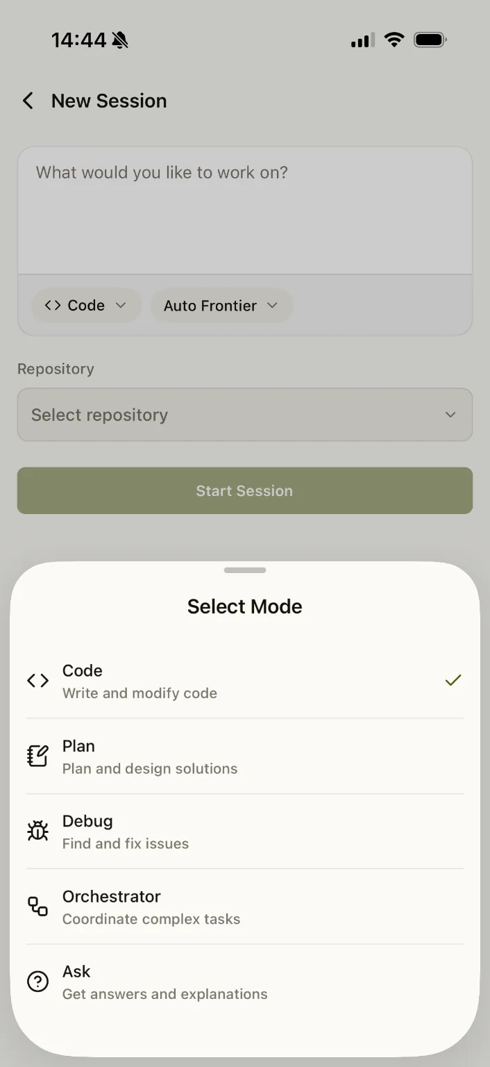 Kilo Code mobile new session screen with coding mode selector