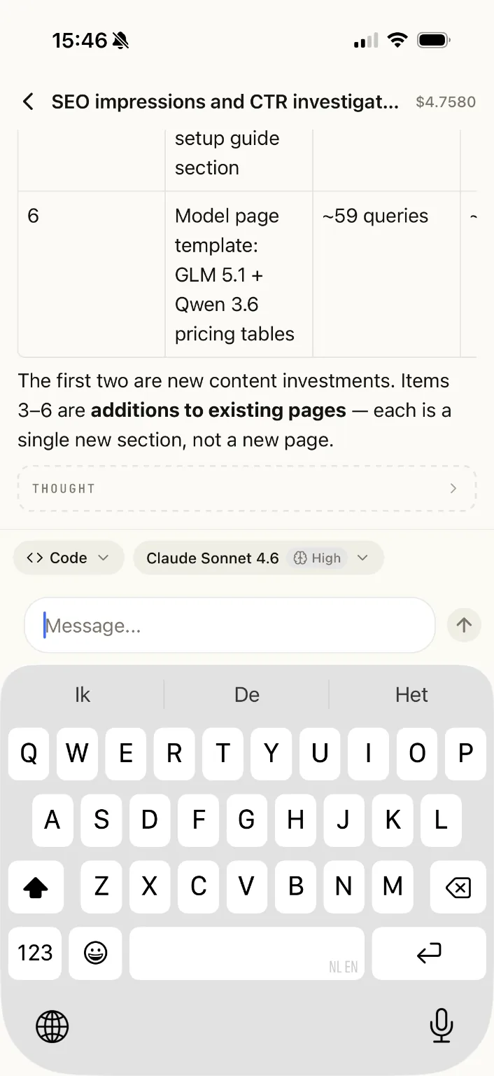 Kilo Code mobile session chat with an active coding task