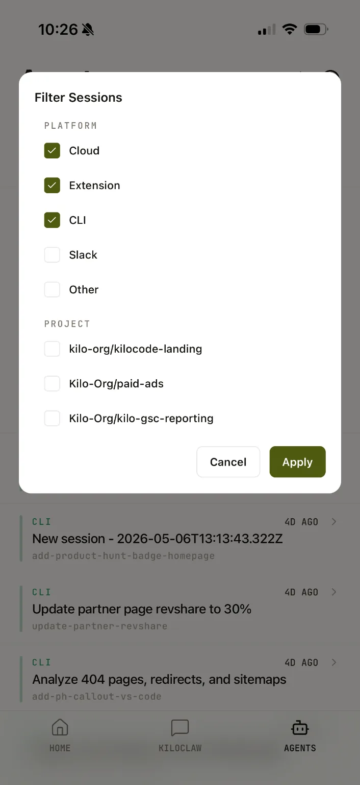 Kilo Code mobile session filter panel for Cloud Extension CLI Slack and other platforms
