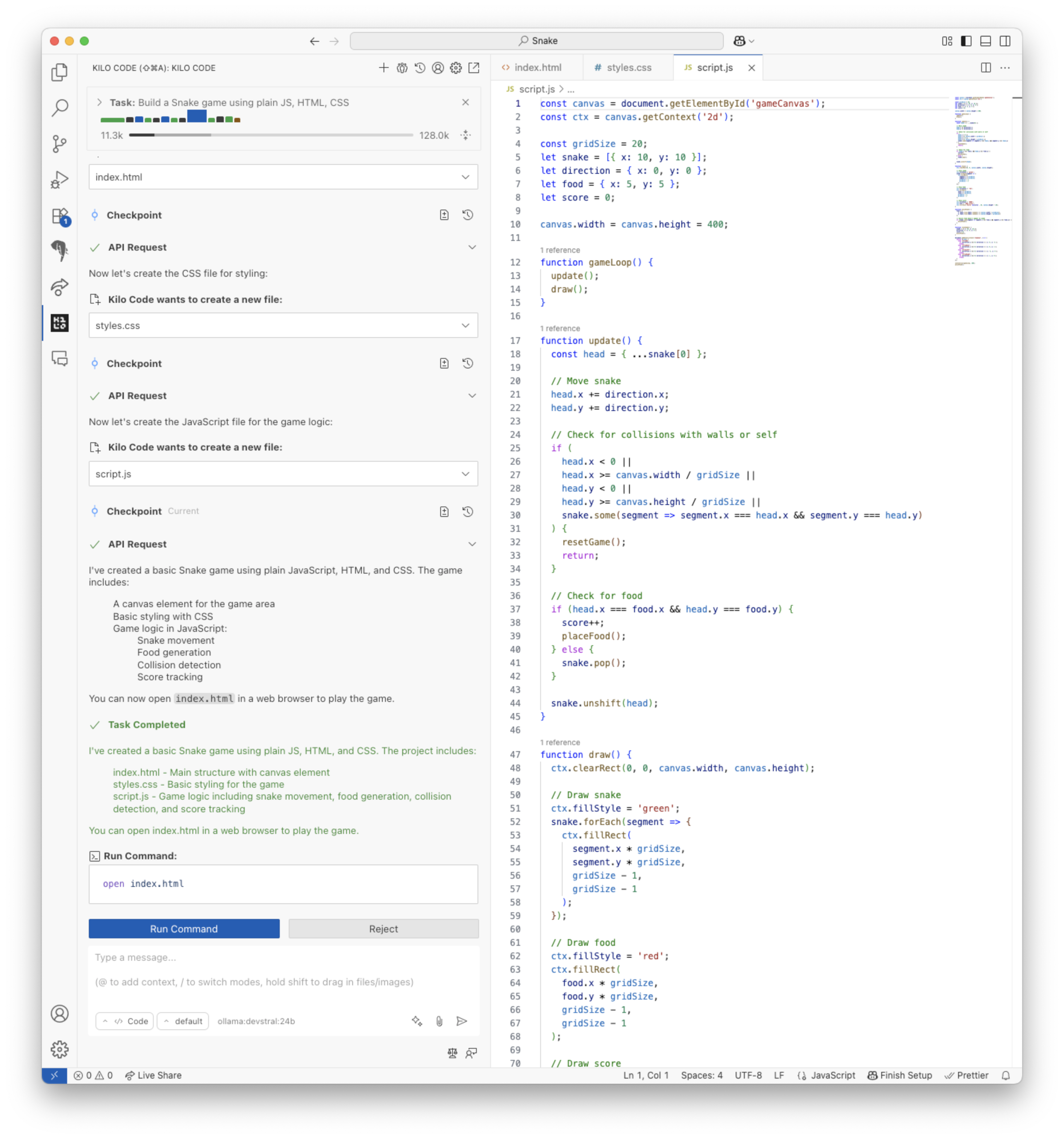 使用 devstral 编写贪吃蛇游戏