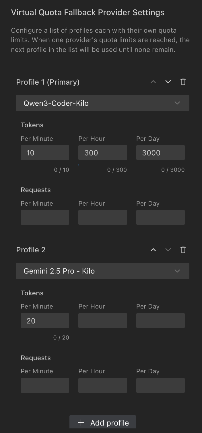 Kilo Code 设置中的virtual quota fallback配置