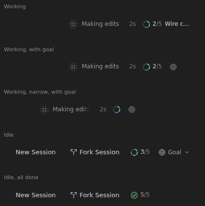 Todo progress chip in the session dock, next to the working indicator and the session actions