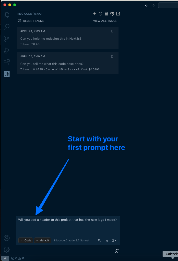 在Kilo Code聊天界面中输入任务